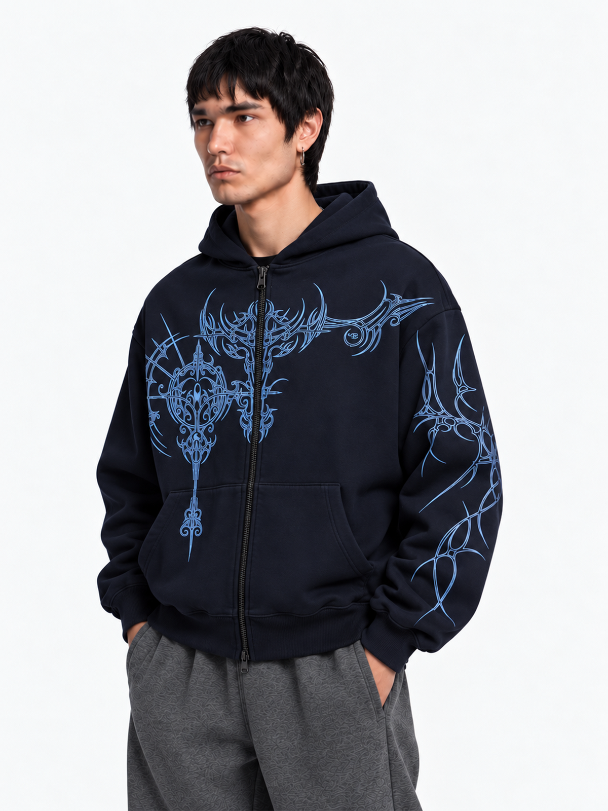 Ornate Navy Zipper Hoodie