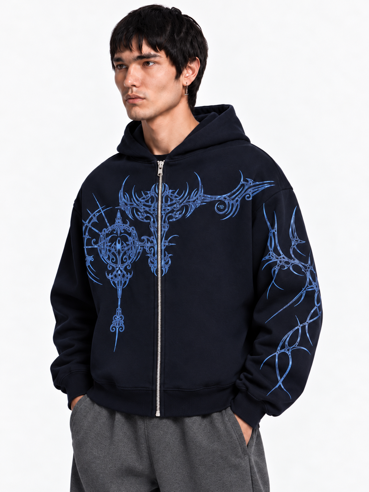 Ornate Navy Zipper Hoodie