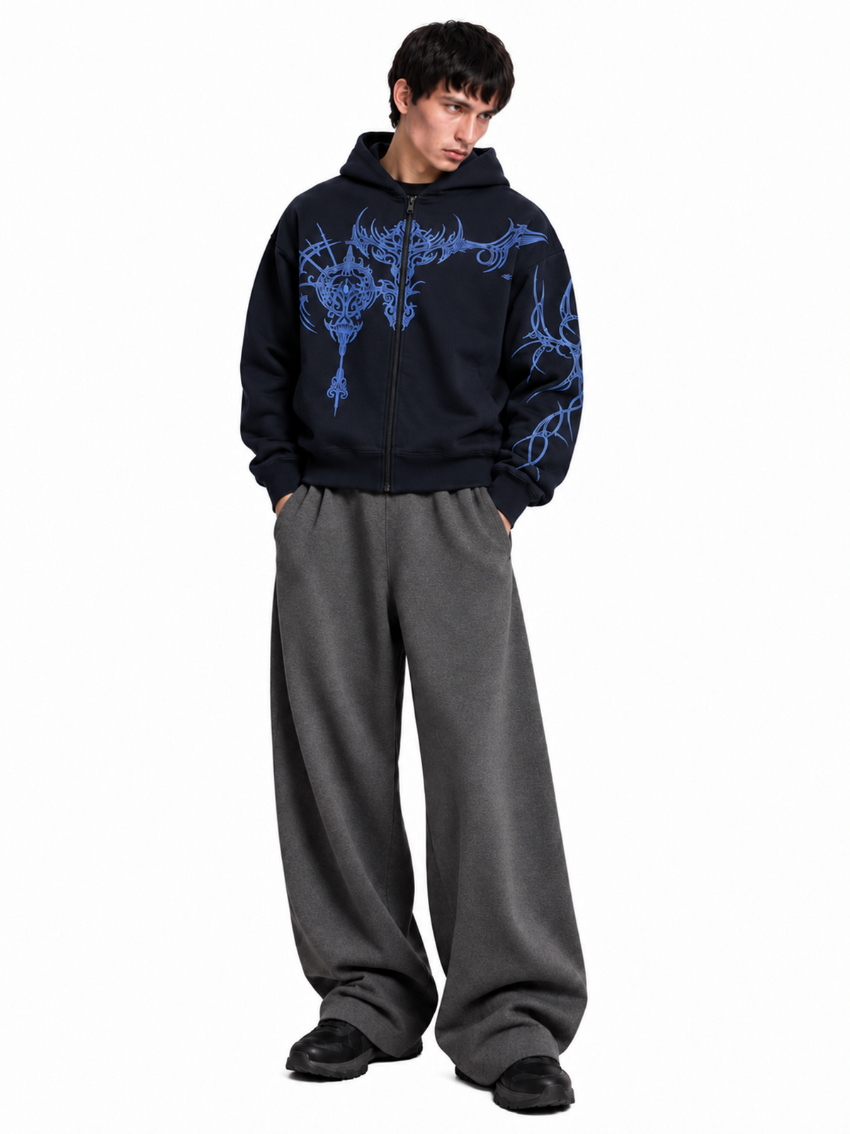 Ornate Navy Zipper Hoodie