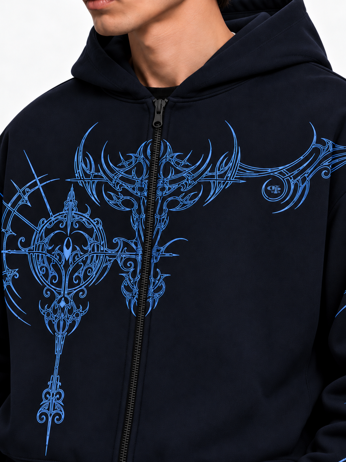 Ornate Navy Zipper Hoodie