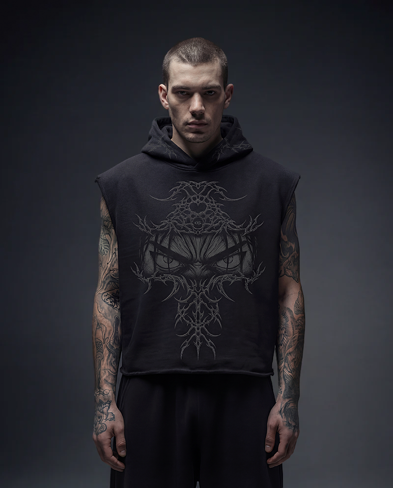 Gaze Black Boxy Sleeveless Hoodie