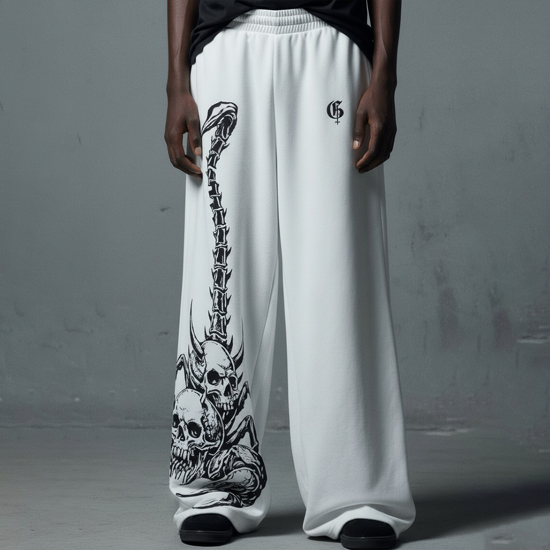 White Skullpion Unisex Straight Fit Baggy Pants