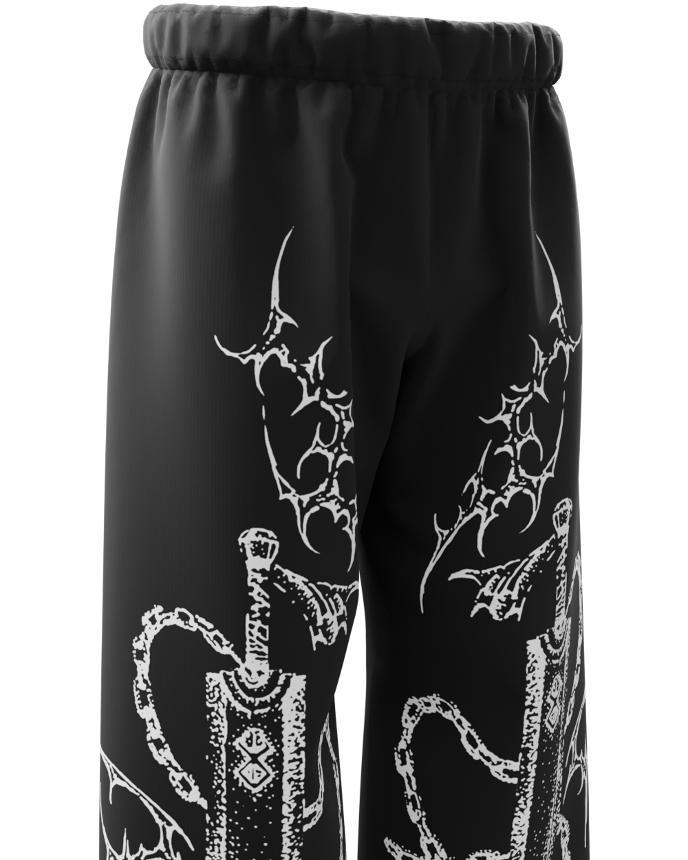 Black pants with white tribal designs on a white background