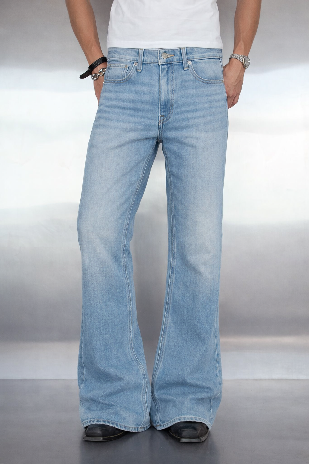 Mist Cloud Washed Baggy Bootcut Jeans