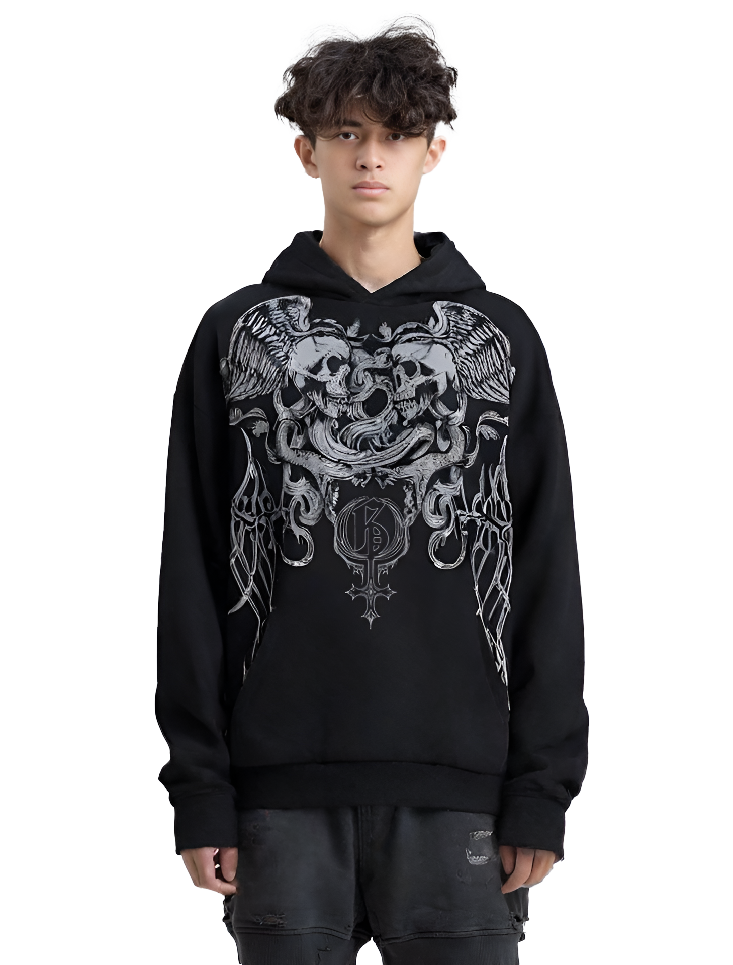 Skullwings Boxy Oversized Black Hoodie